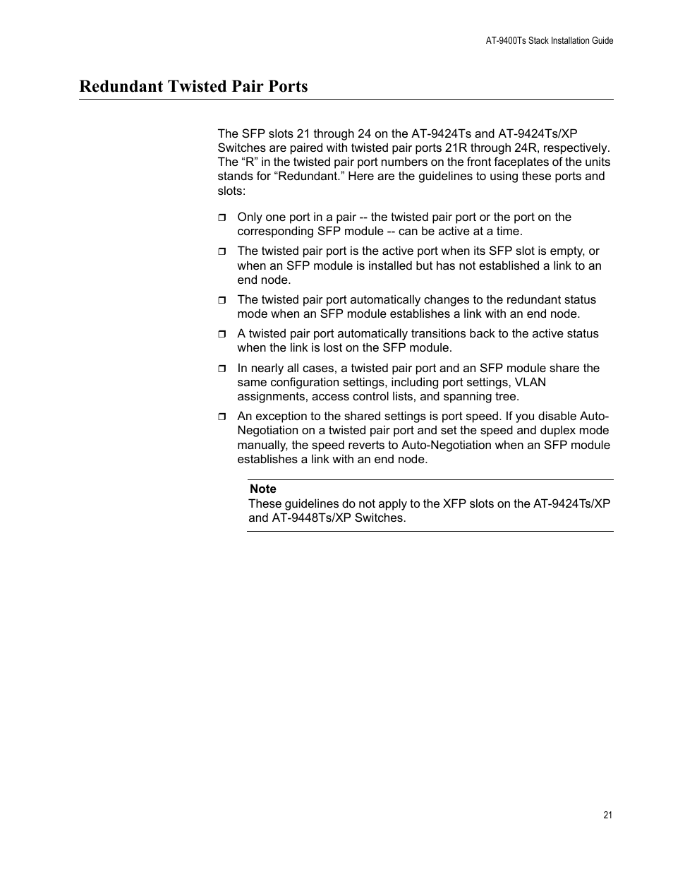 Redundant twisted pair ports | Allied Telesis AT-9448Ts/XP (Basic Layer 3) User Manual | Page 21 / 106
