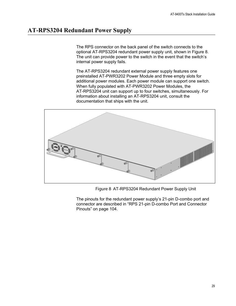 At-rps3204 redundant power supply, Figure 8 | Allied Telesis AT-9448Ts/XP (Basic Layer 3) User Manual | Page 29 / 106