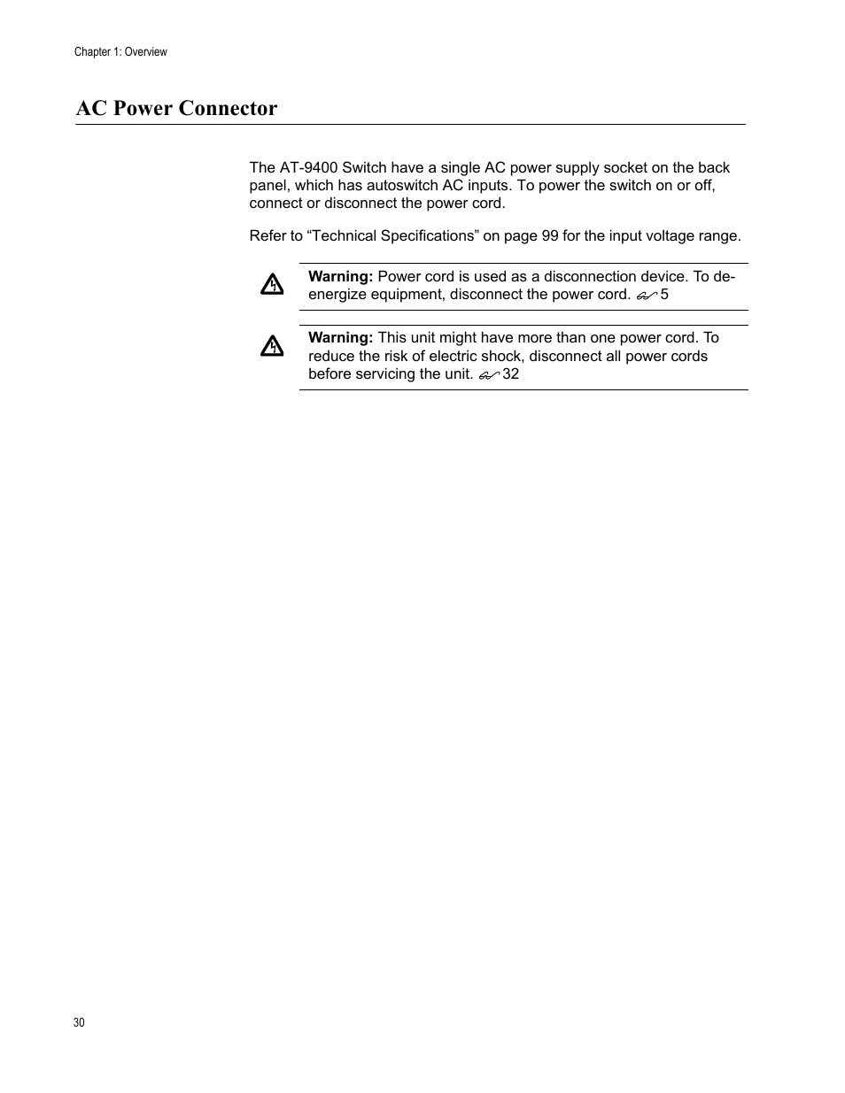 Ac power connector | Allied Telesis AT-9448Ts/XP (Basic Layer 3) User Manual | Page 30 / 106