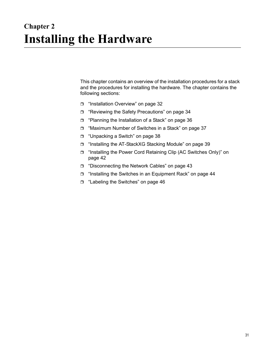 Chapter 2, Installing the hardware | Allied Telesis AT-9448Ts/XP (Basic Layer 3) User Manual | Page 31 / 106