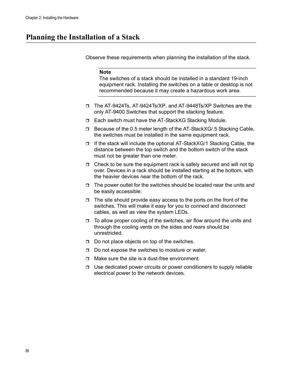 Planning the installation of a stack | Allied Telesis AT-9448Ts/XP (Basic Layer 3) User Manual | Page 36 / 106