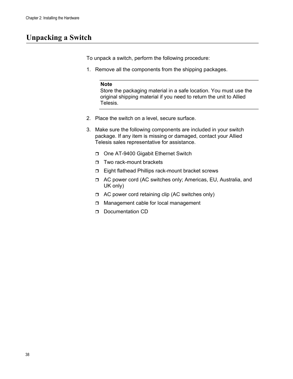Unpacking a switch | Allied Telesis AT-9448Ts/XP (Basic Layer 3) User Manual | Page 38 / 106