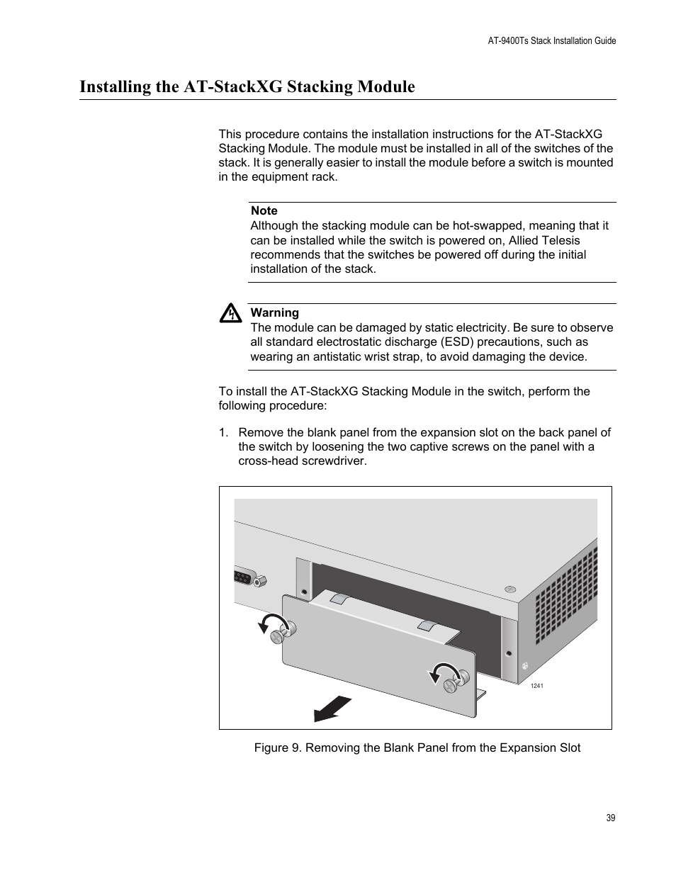 Installing the at-stackxg stacking module | Allied Telesis AT-9448Ts/XP (Basic Layer 3) User Manual | Page 39 / 106