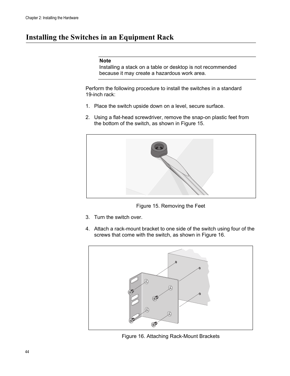 Installing the switches in an equipment rack | Allied Telesis AT-9448Ts/XP (Basic Layer 3) User Manual | Page 44 / 106