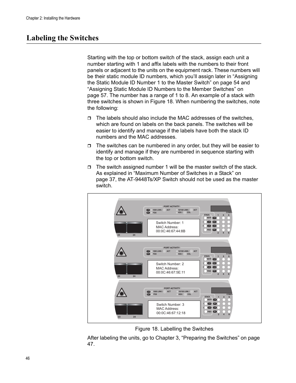 Labeling the switches, Chapter 2: installing the hardware 46 | Allied Telesis AT-9448Ts/XP (Basic Layer 3) User Manual | Page 46 / 106