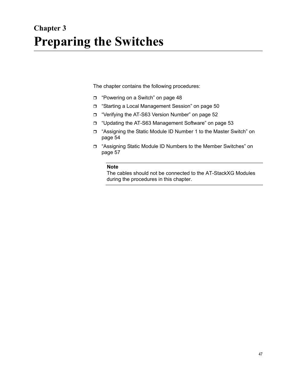 Chapter 3, Preparing the switches, Chapter 3, “preparing the switches | Allied Telesis AT-9448Ts/XP (Basic Layer 3) User Manual | Page 47 / 106