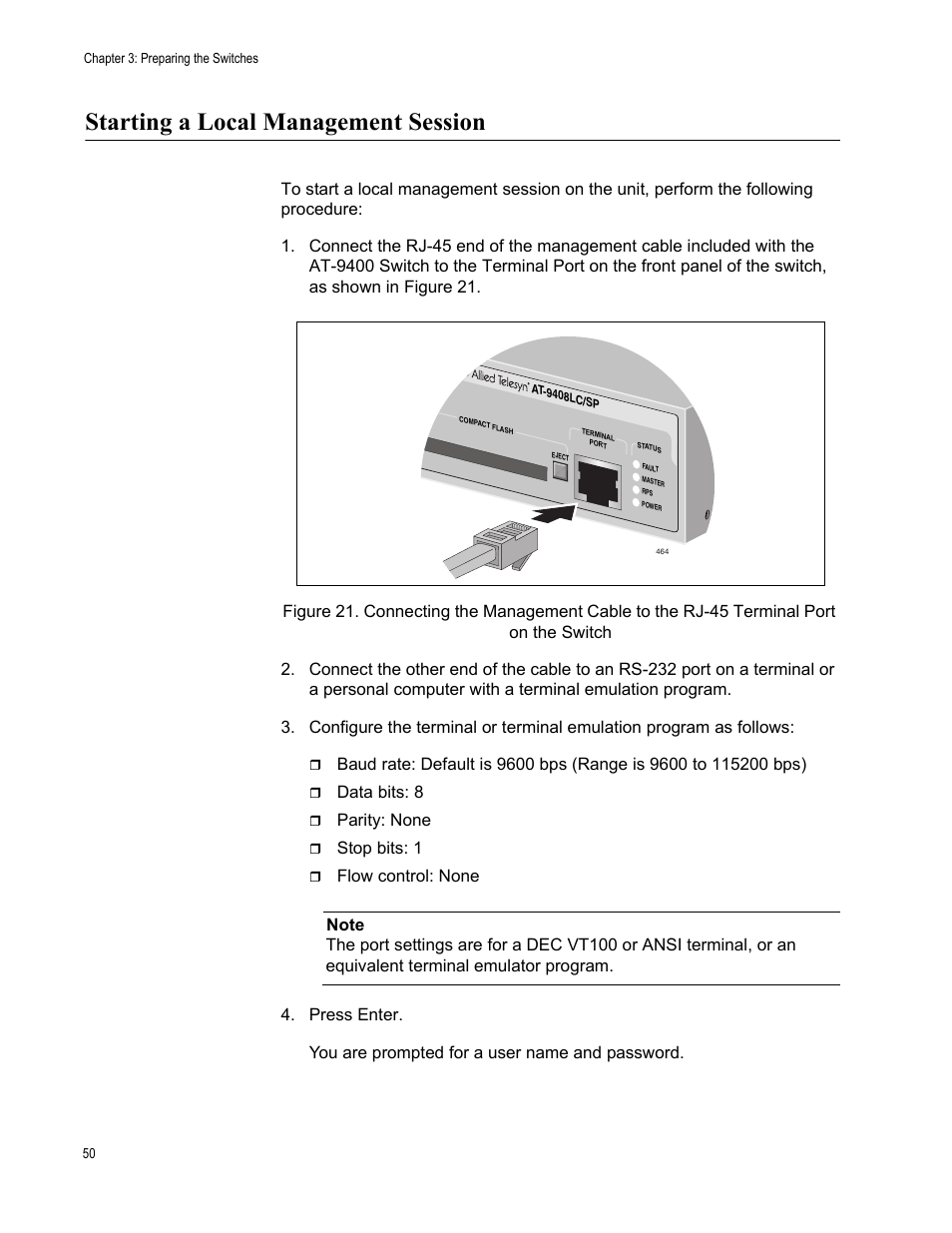 Starting a local management session, Data bits: 8, Parity: none | Stop bits: 1 | Allied Telesis AT-9448Ts/XP (Basic Layer 3) User Manual | Page 50 / 106