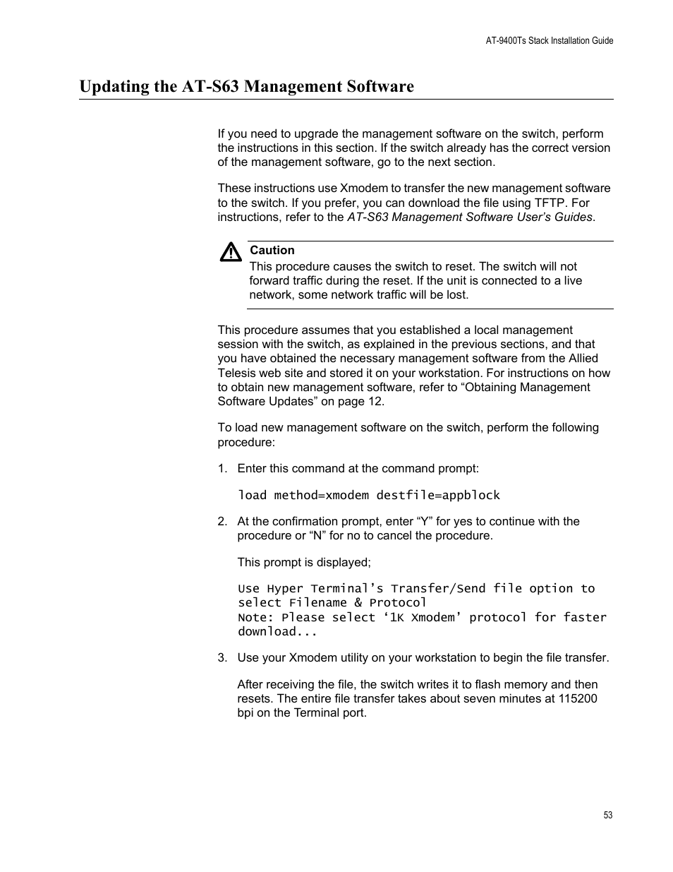 Updating the at-s63 management software | Allied Telesis AT-9448Ts/XP (Basic Layer 3) User Manual | Page 53 / 106