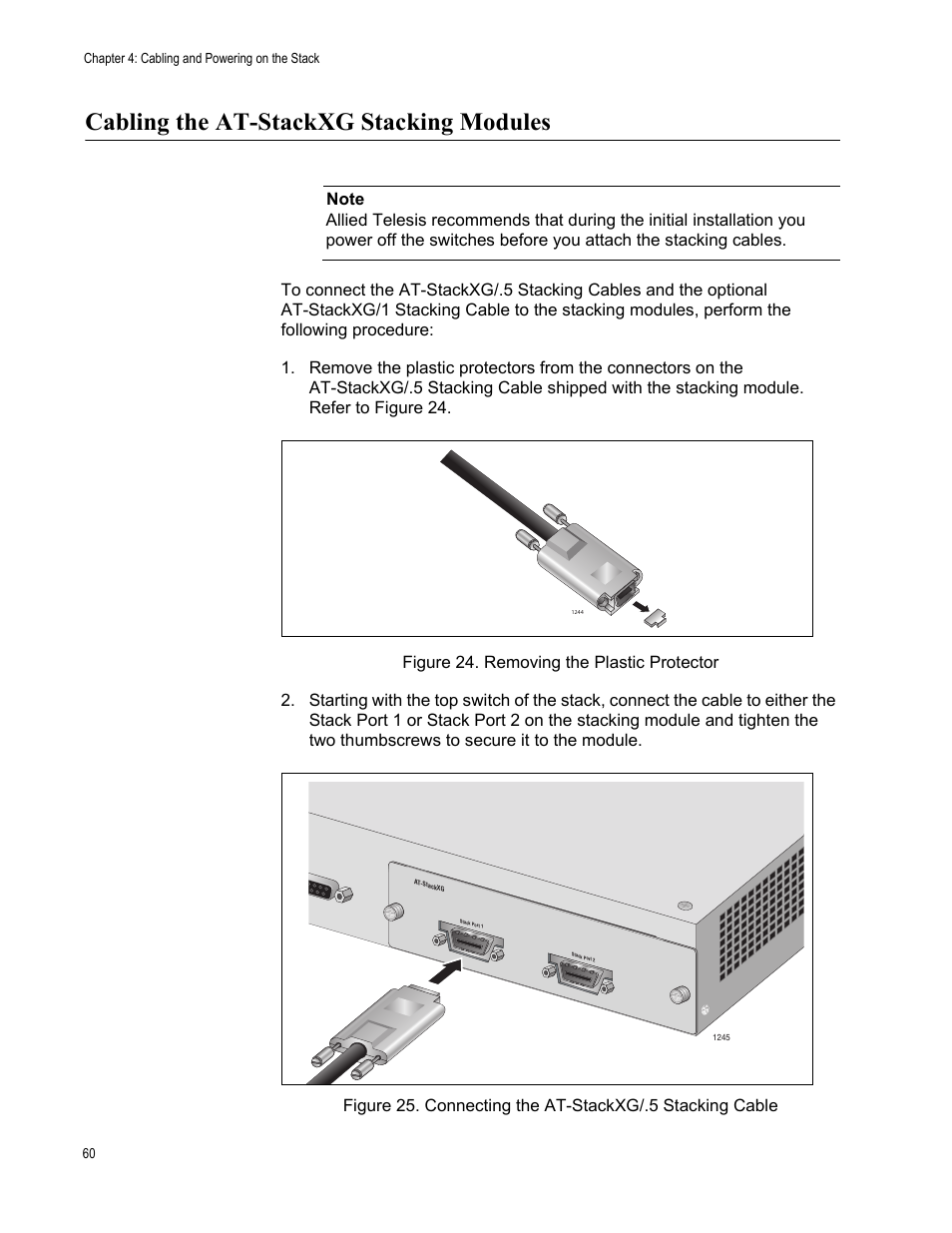 Cabling the at-stackxg stacking modules | Allied Telesis AT-9448Ts/XP (Basic Layer 3) User Manual | Page 60 / 106