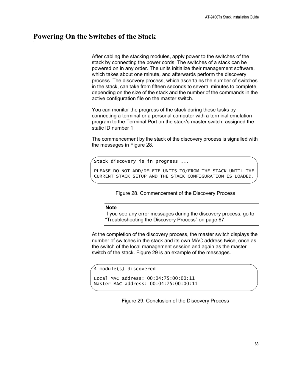 Powering on the switches of the stack | Allied Telesis AT-9448Ts/XP (Basic Layer 3) User Manual | Page 63 / 106