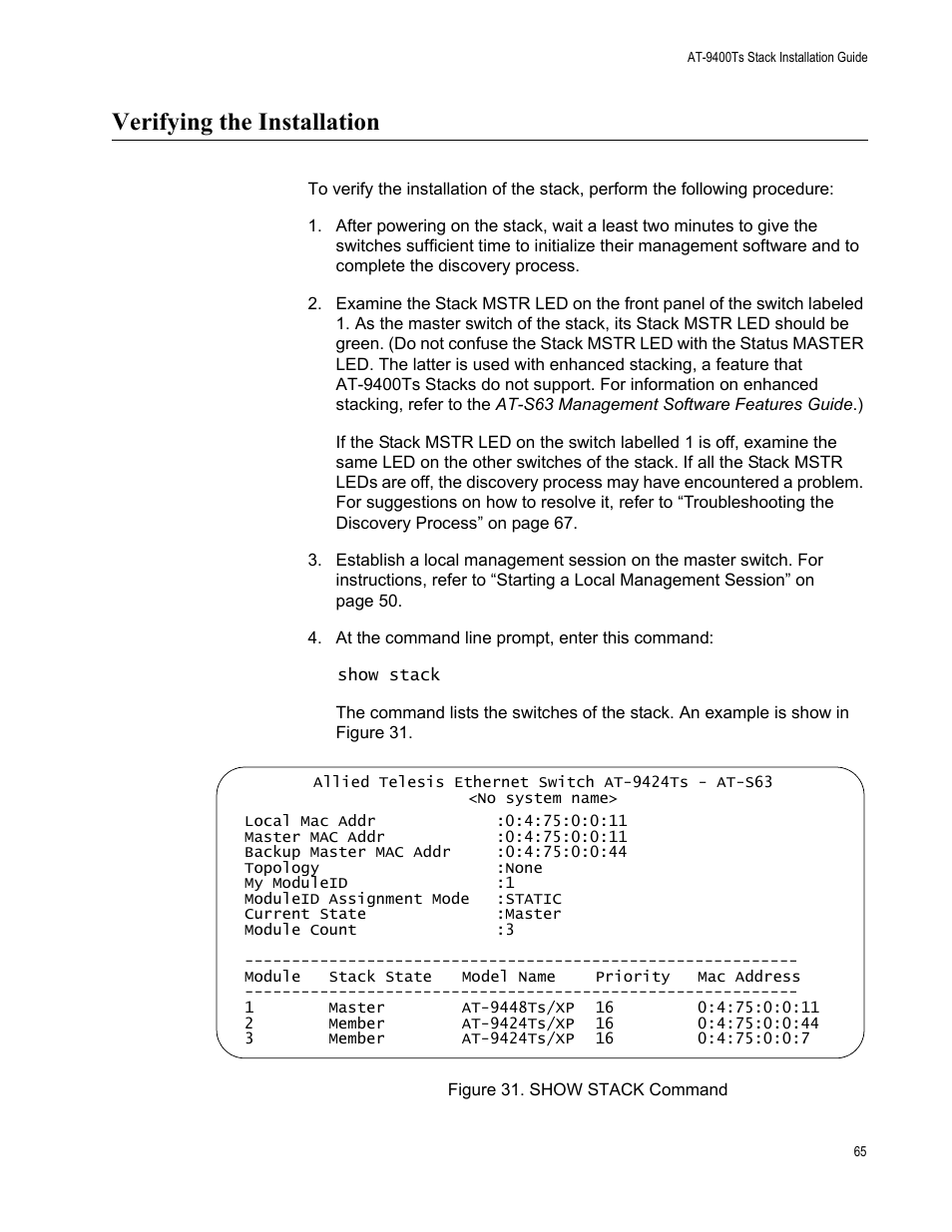 Verifying the installation | Allied Telesis AT-9448Ts/XP (Basic Layer 3) User Manual | Page 65 / 106