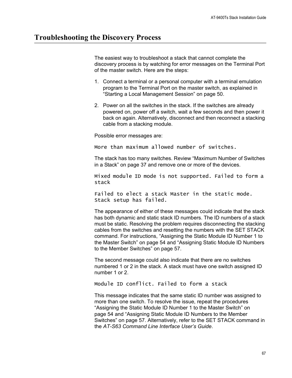 Troubleshooting the discovery process | Allied Telesis AT-9448Ts/XP (Basic Layer 3) User Manual | Page 67 / 106