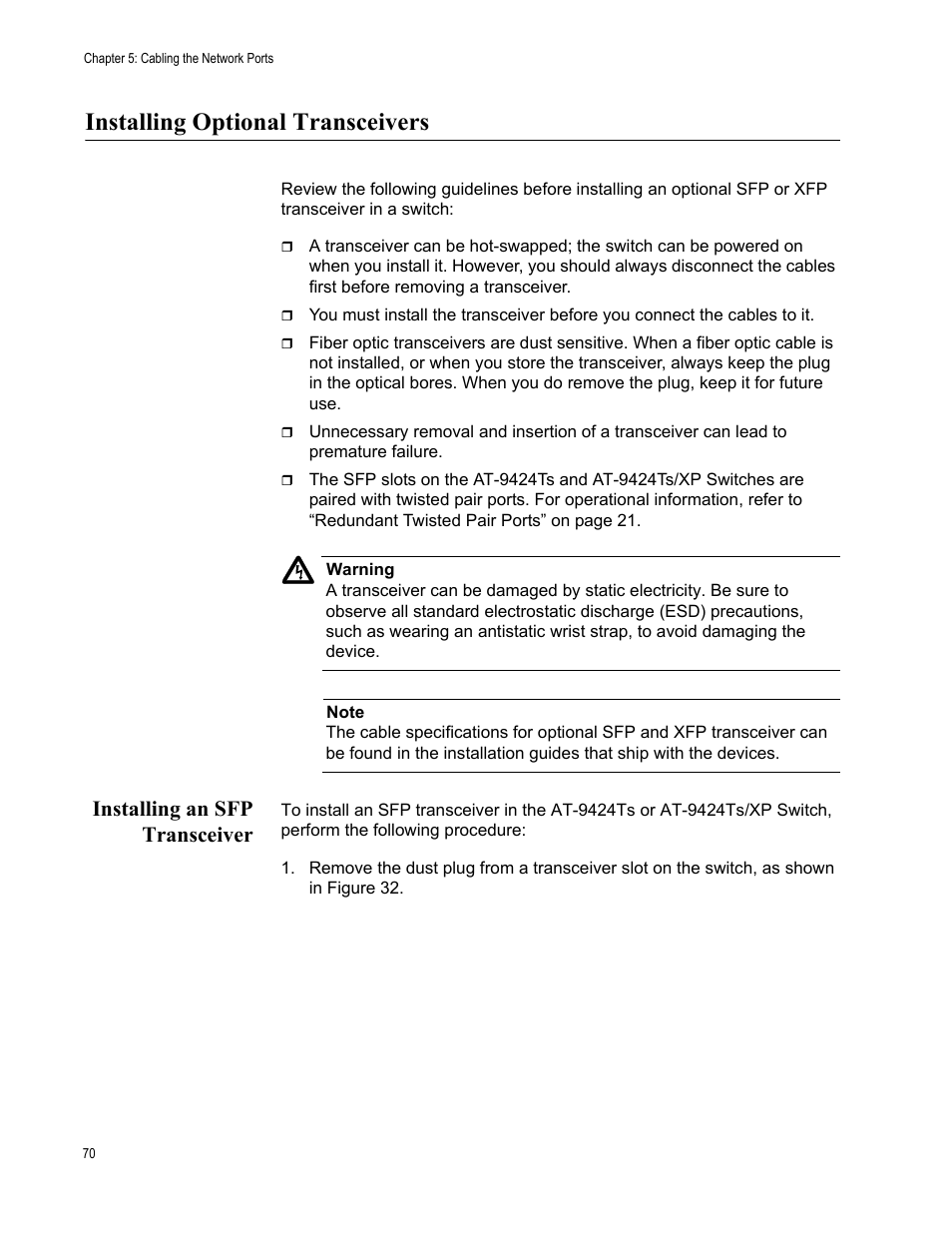 Installing optional transceivers, Installing an sfp transceiver | Allied Telesis AT-9448Ts/XP (Basic Layer 3) User Manual | Page 70 / 106