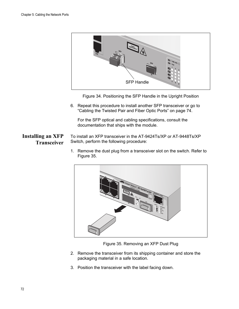 Installing an xfp transceiver, Chapter 5: cabling the network ports 72 | Allied Telesis AT-9448Ts/XP (Basic Layer 3) User Manual | Page 72 / 106
