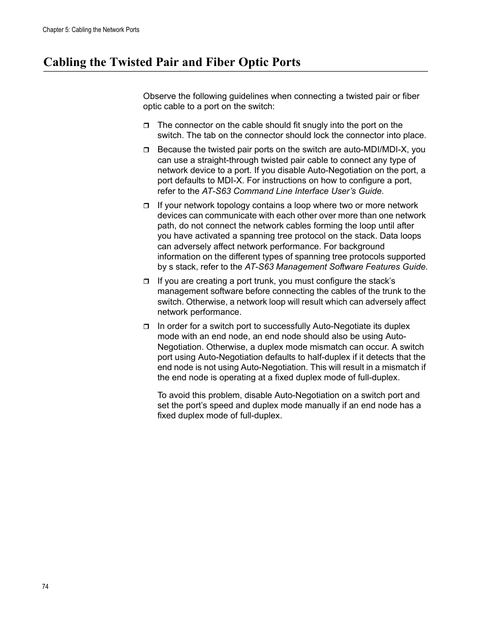 Cabling the twisted pair and fiber optic ports | Allied Telesis AT-9448Ts/XP (Basic Layer 3) User Manual | Page 74 / 106