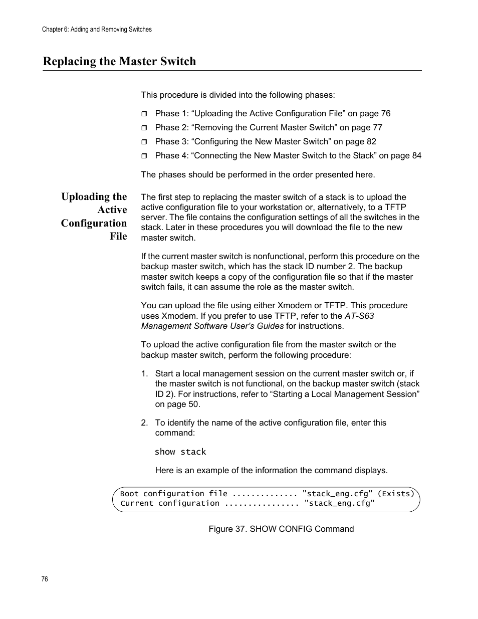 Replacing the master switch, Uploading the active configuration file | Allied Telesis AT-9448Ts/XP (Basic Layer 3) User Manual | Page 76 / 106