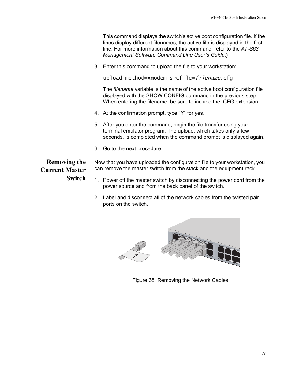 Removing the current master switch, Filename | Allied Telesis AT-9448Ts/XP (Basic Layer 3) User Manual | Page 77 / 106