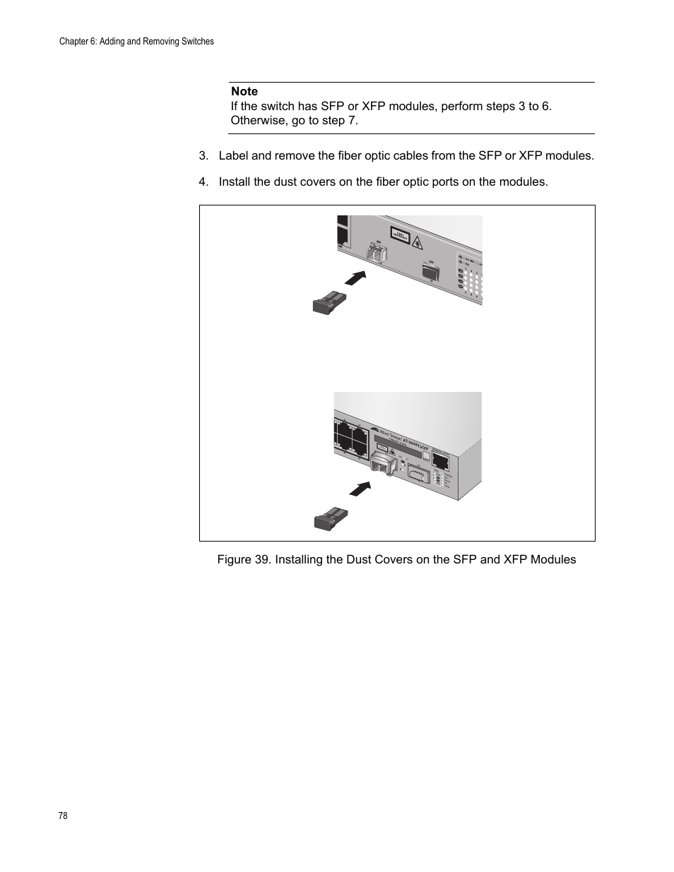 Chapter 6: adding and removing switches 78, Class 1 laser product | Allied Telesis AT-9448Ts/XP (Basic Layer 3) User Manual | Page 78 / 106