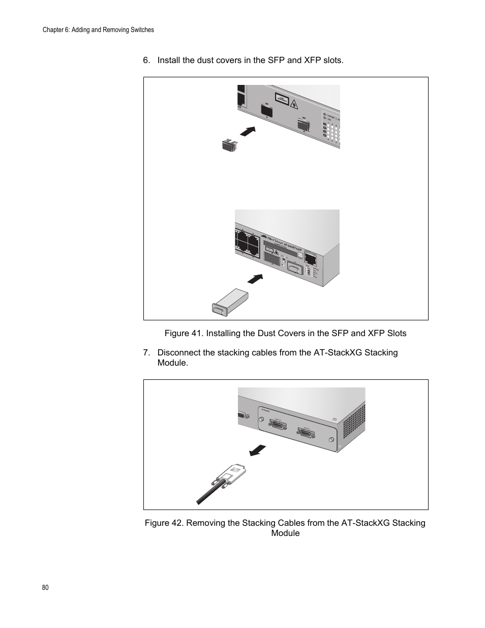 Chapter 6: adding and removing switches 80, Clas s 1 lase r pr odu ct | Allied Telesis AT-9448Ts/XP (Basic Layer 3) User Manual | Page 80 / 106