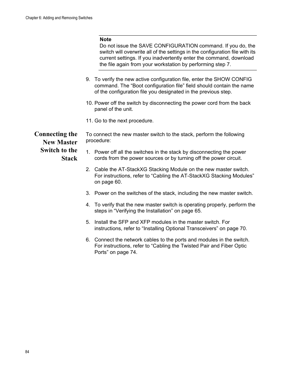 Connecting the new master switch to the stack | Allied Telesis AT-9448Ts/XP (Basic Layer 3) User Manual | Page 84 / 106