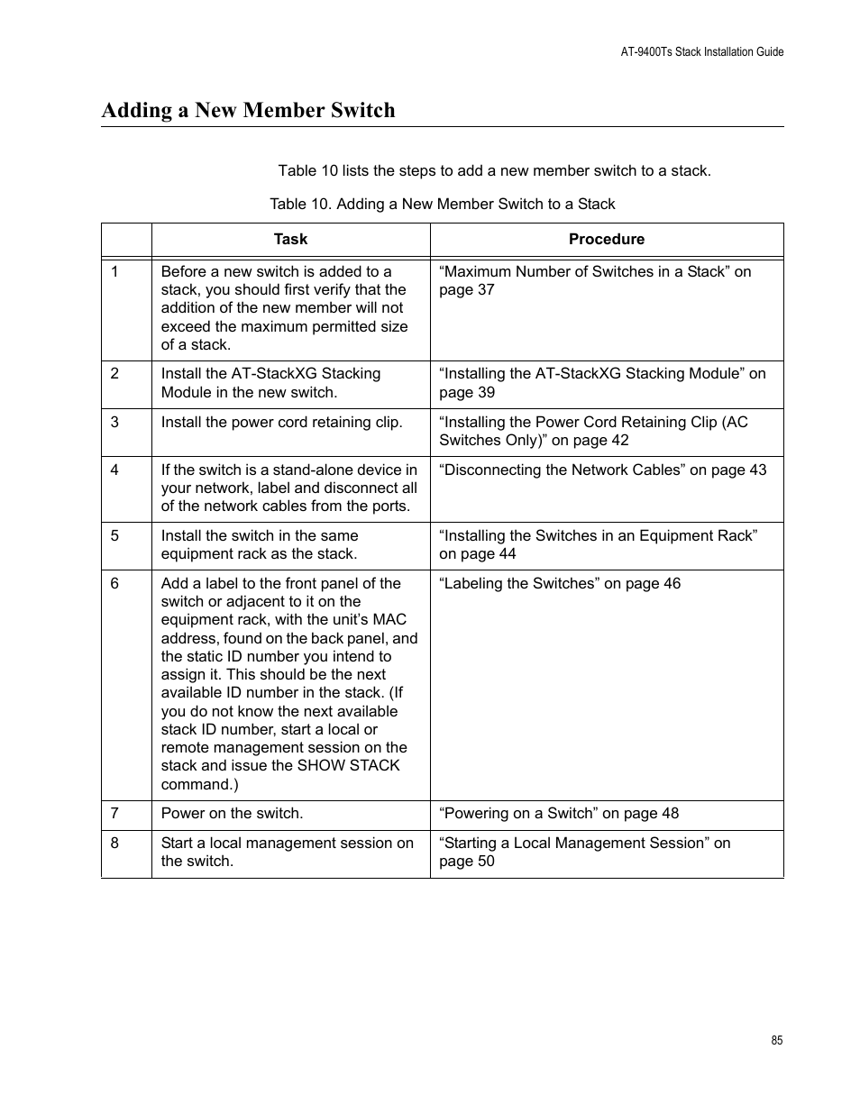 Adding a new member switch | Allied Telesis AT-9448Ts/XP (Basic Layer 3) User Manual | Page 85 / 106