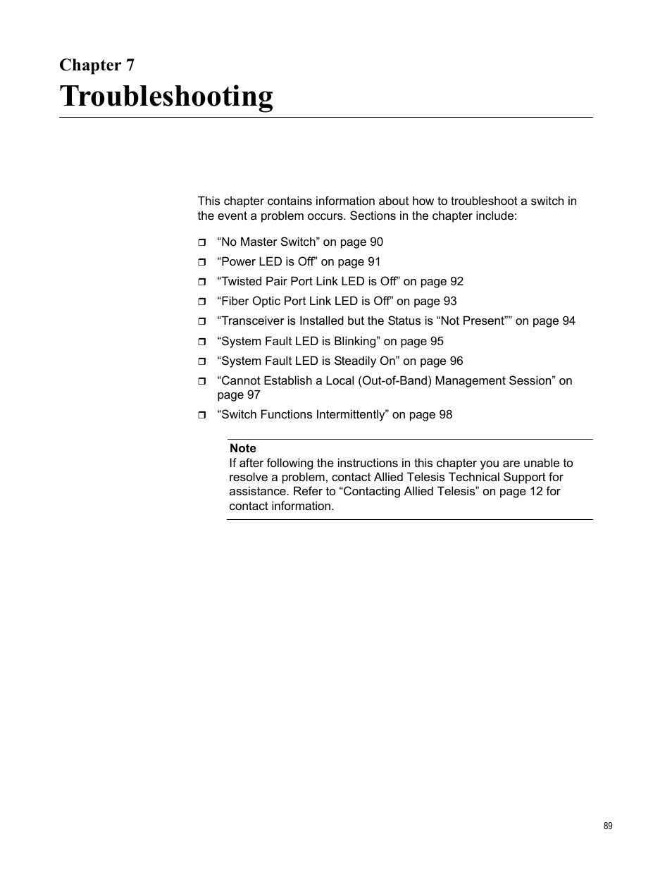 Chapter 7, Troubleshooting | Allied Telesis AT-9448Ts/XP (Basic Layer 3) User Manual | Page 89 / 106