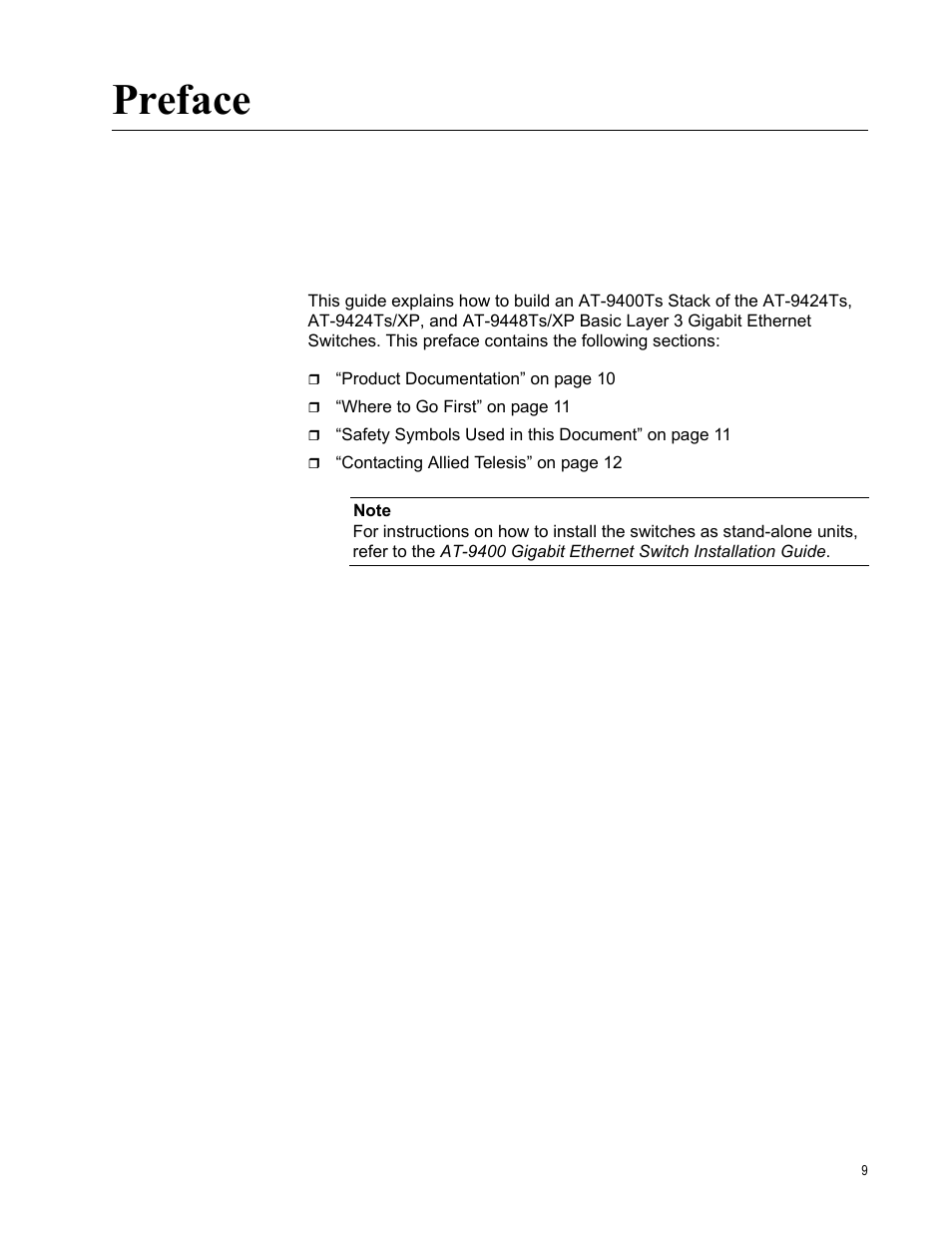 Preface | Allied Telesis AT-9448Ts/XP (Basic Layer 3) User Manual | Page 9 / 106