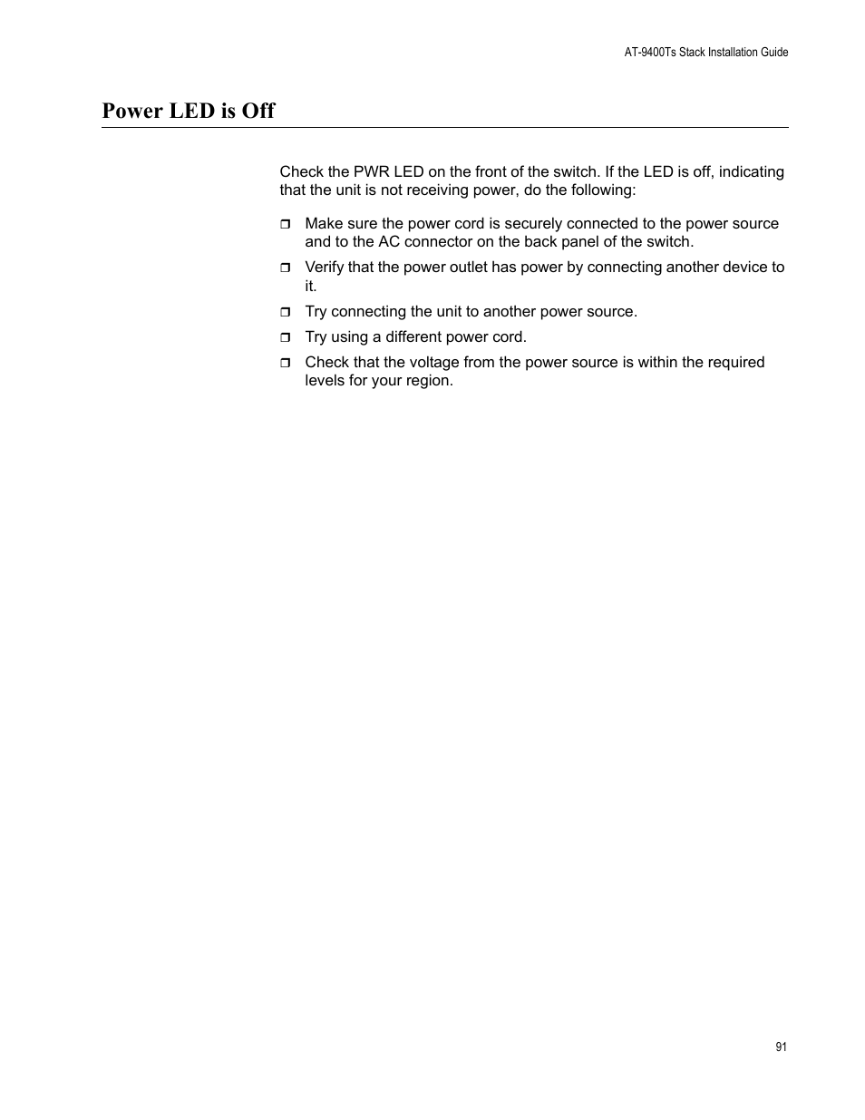 Power led is off | Allied Telesis AT-9448Ts/XP (Basic Layer 3) User Manual | Page 91 / 106
