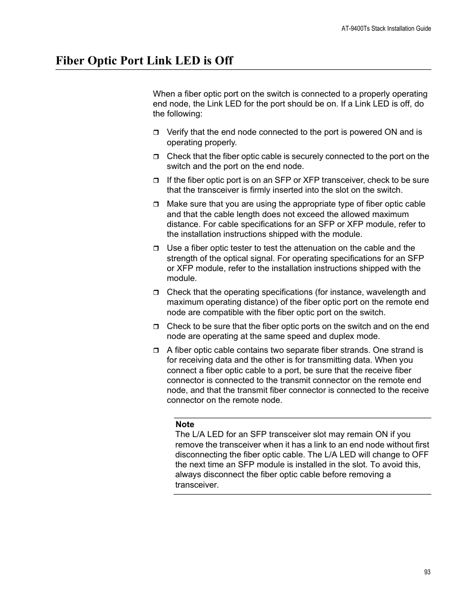 Fiber optic port link led is off | Allied Telesis AT-9448Ts/XP (Basic Layer 3) User Manual | Page 93 / 106