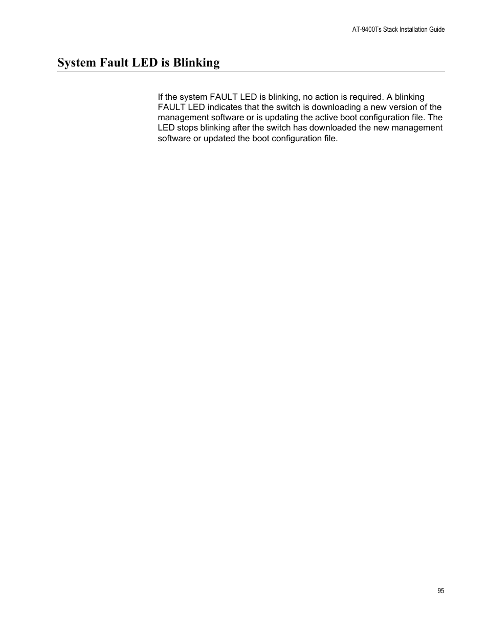 System fault led is blinking | Allied Telesis AT-9448Ts/XP (Basic Layer 3) User Manual | Page 95 / 106