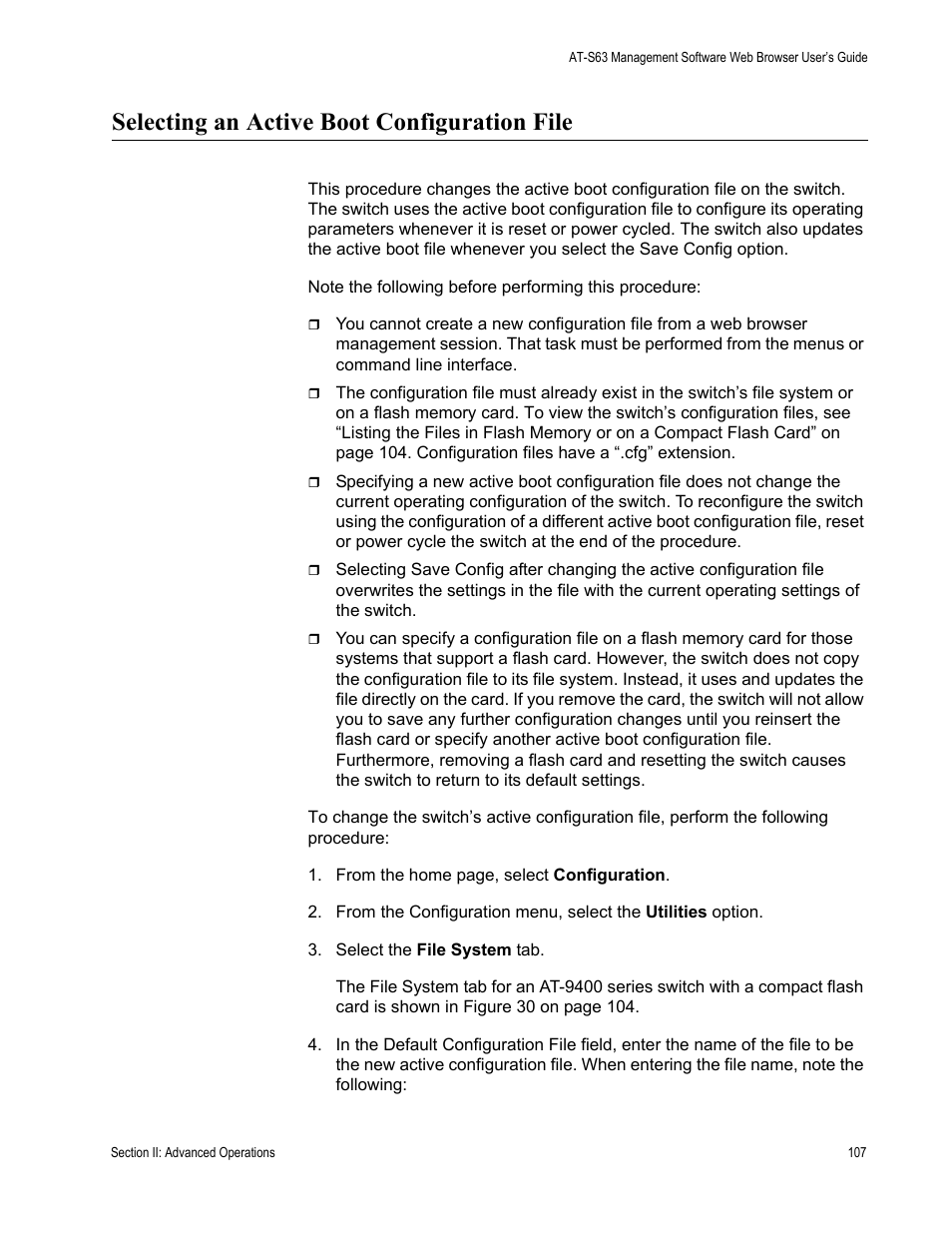 Selecting an active boot configuration file | Allied Telesis AT-S63 User Manual | Page 107 / 410