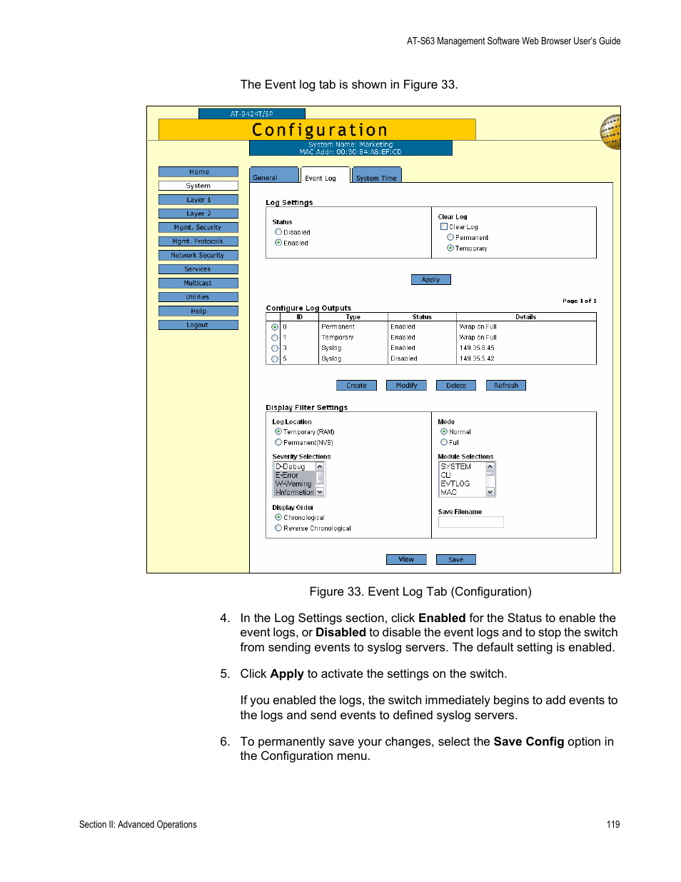Figure 33: event log tab (configuration) | Allied Telesis AT-S63 User Manual | Page 119 / 410