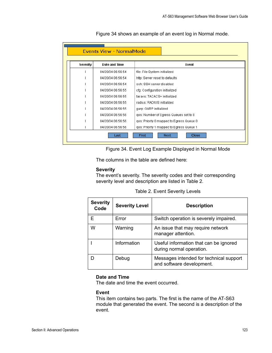 Table 2: event severity levels | Allied Telesis AT-S63 User Manual | Page 123 / 410