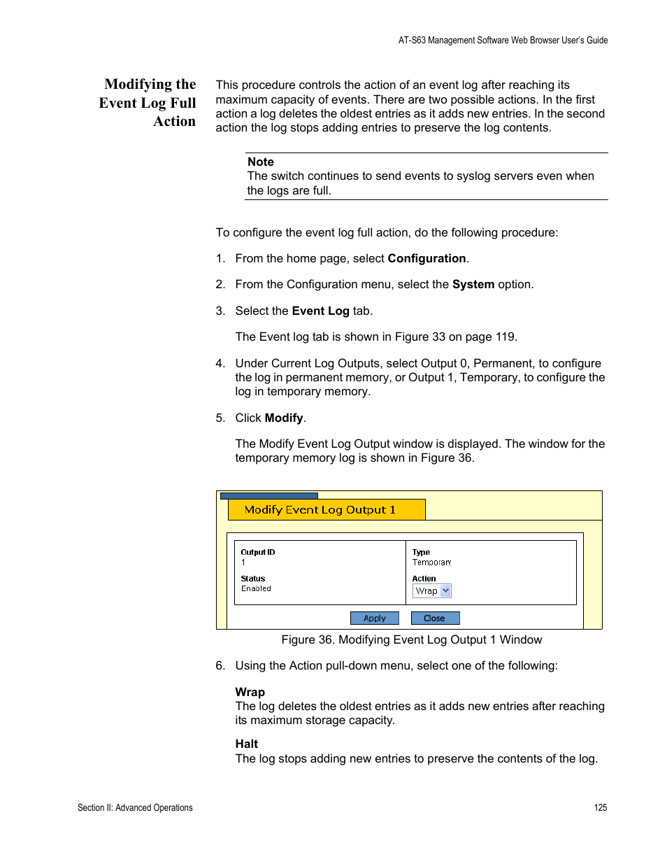 Modifying the event log full action, Figure 36: modifying event log output 1 window | Allied Telesis AT-S63 User Manual | Page 125 / 410
