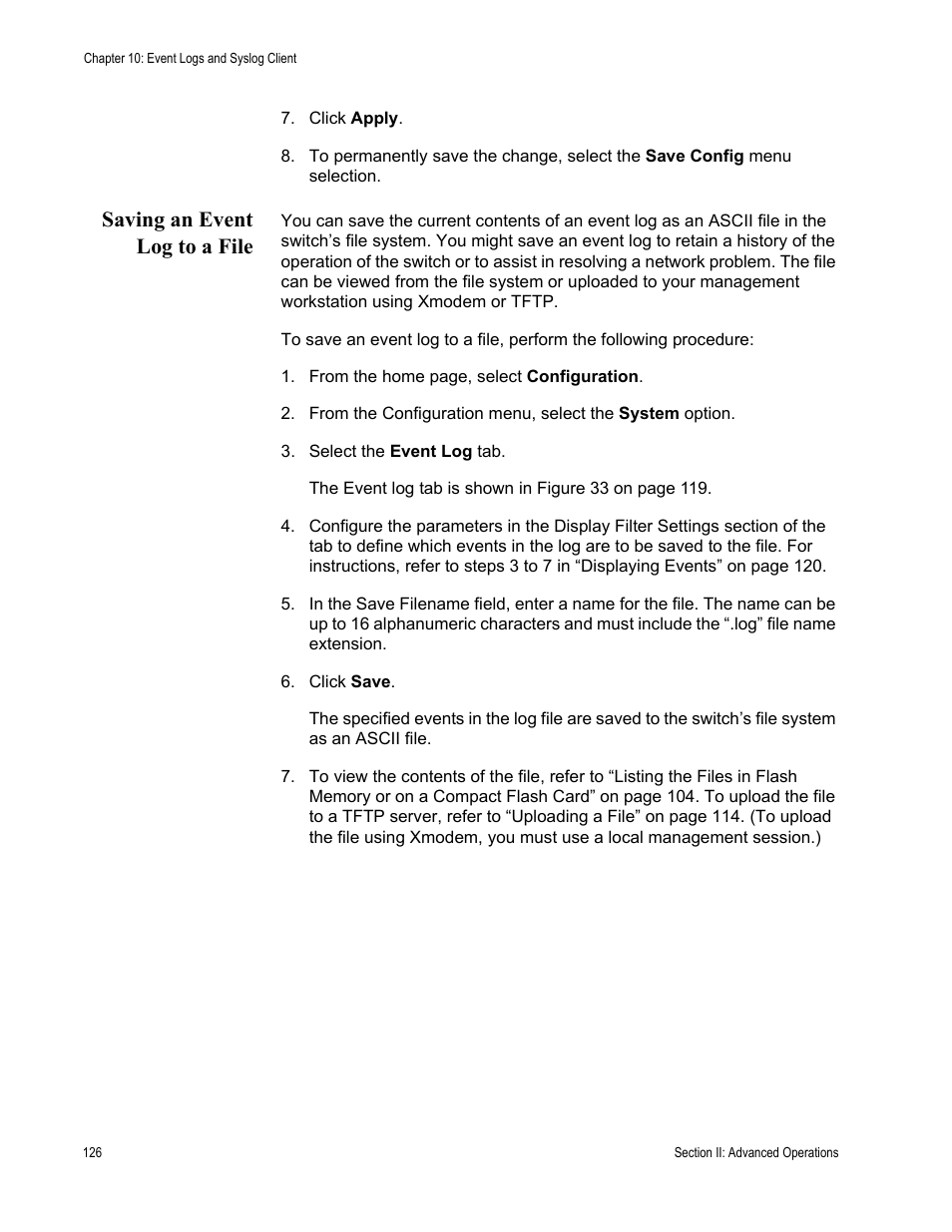 Saving an event log to a file | Allied Telesis AT-S63 User Manual | Page 126 / 410