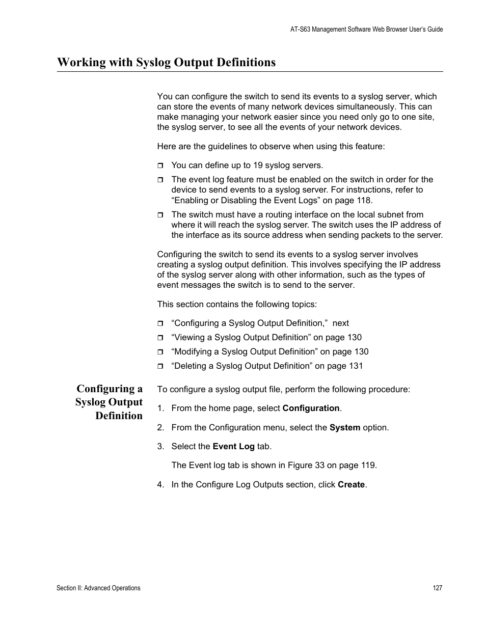 Working with syslog output definitions, Configuring a syslog output definition | Allied Telesis AT-S63 User Manual | Page 127 / 410