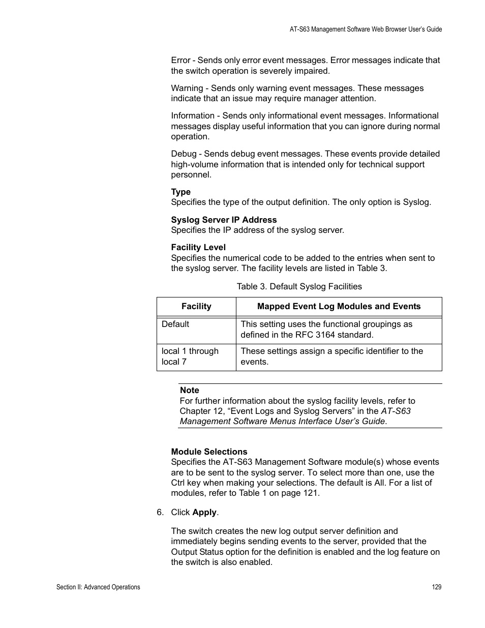 Table 3: default syslog facilities | Allied Telesis AT-S63 User Manual | Page 129 / 410