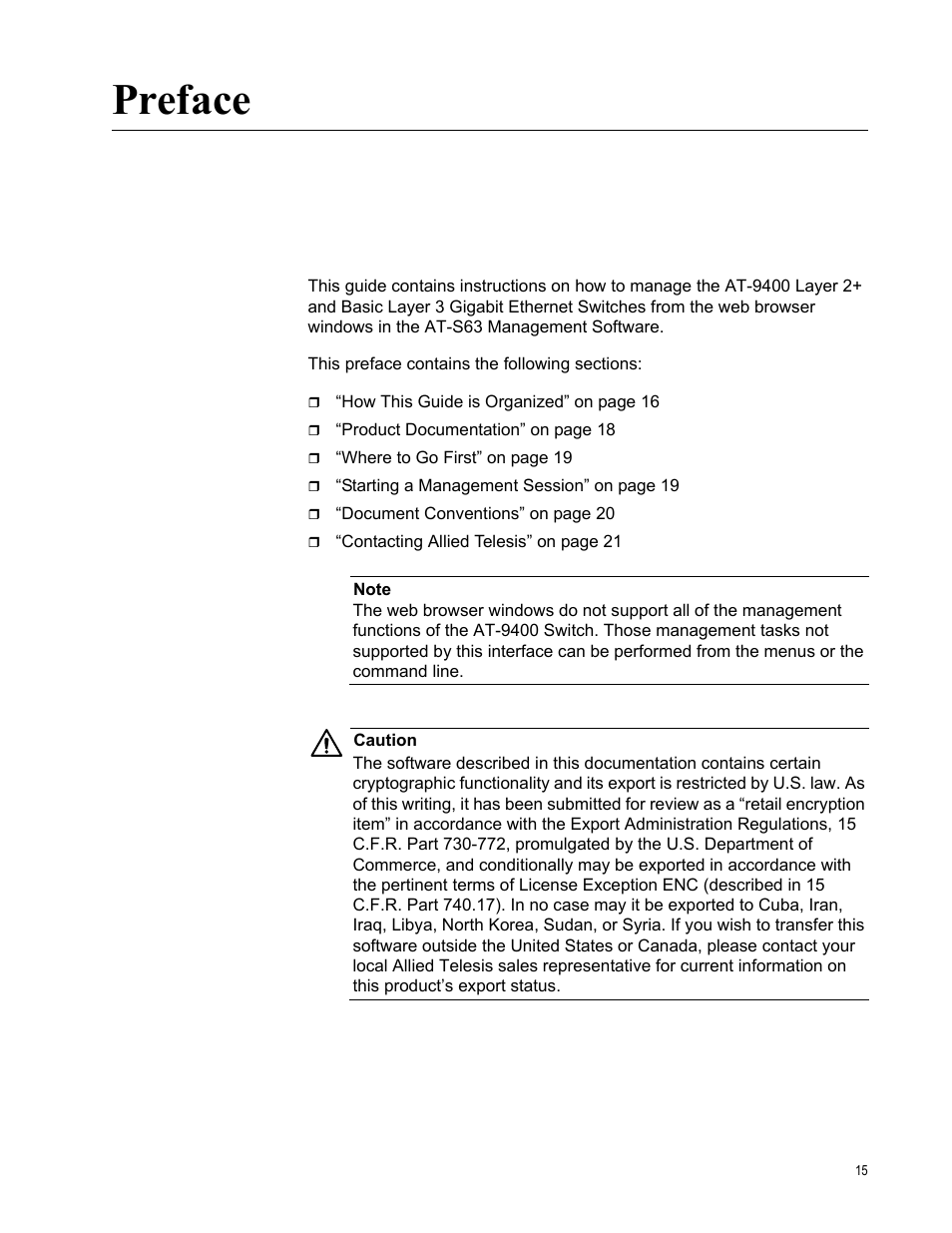 Preface | Allied Telesis AT-S63 User Manual | Page 15 / 410