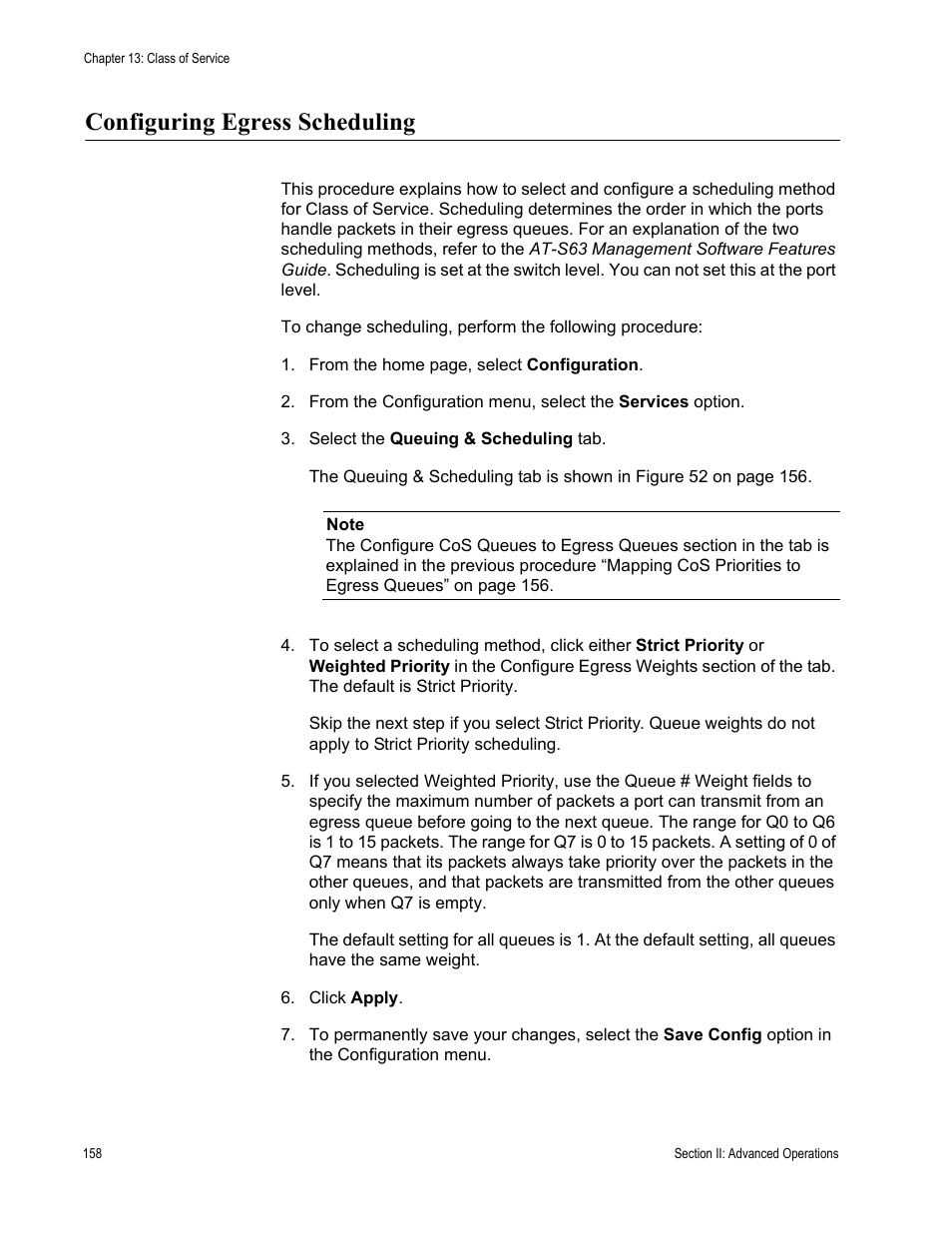 Configuring egress scheduling | Allied Telesis AT-S63 User Manual | Page 158 / 410