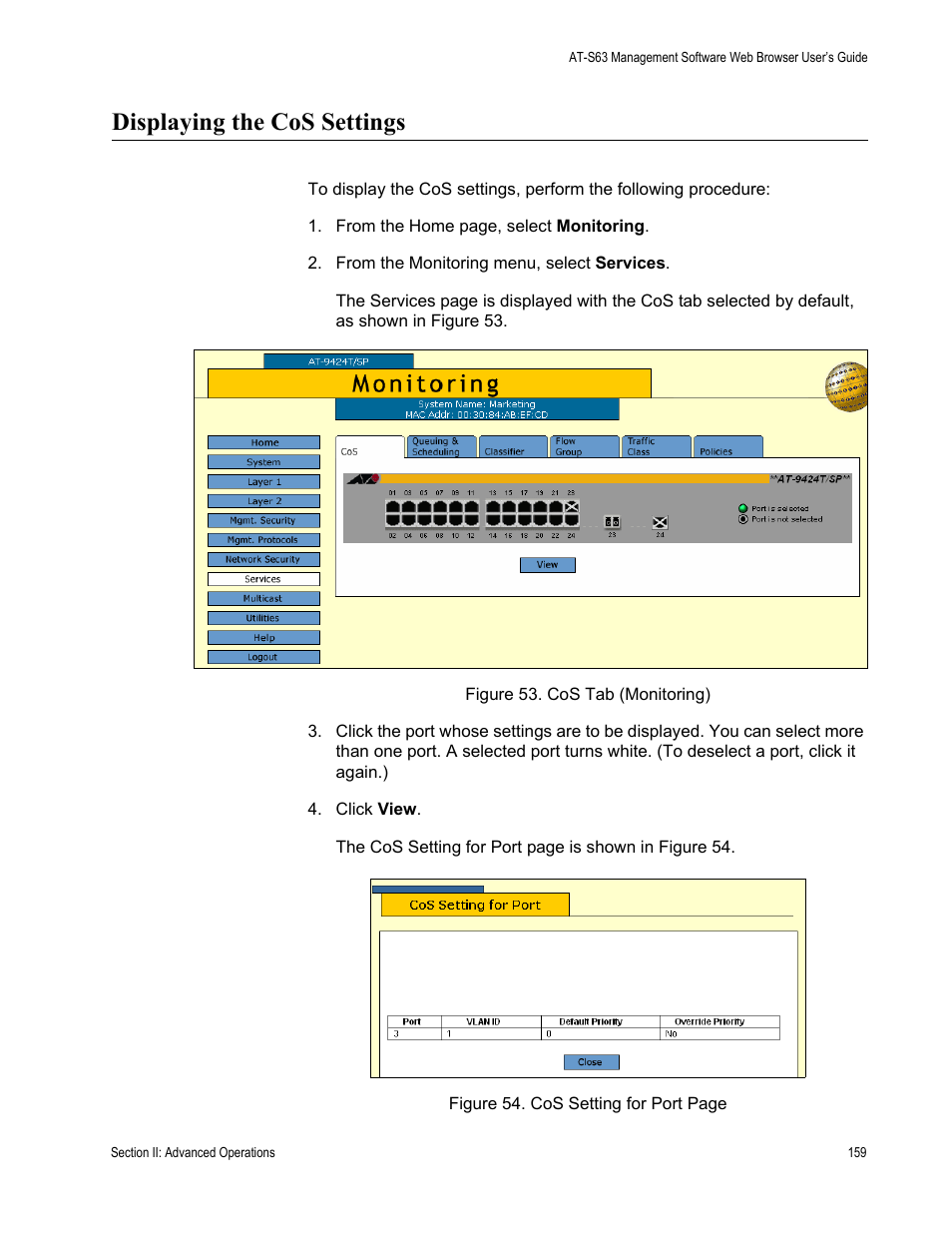 Displaying the cos settings | Allied Telesis AT-S63 User Manual | Page 159 / 410