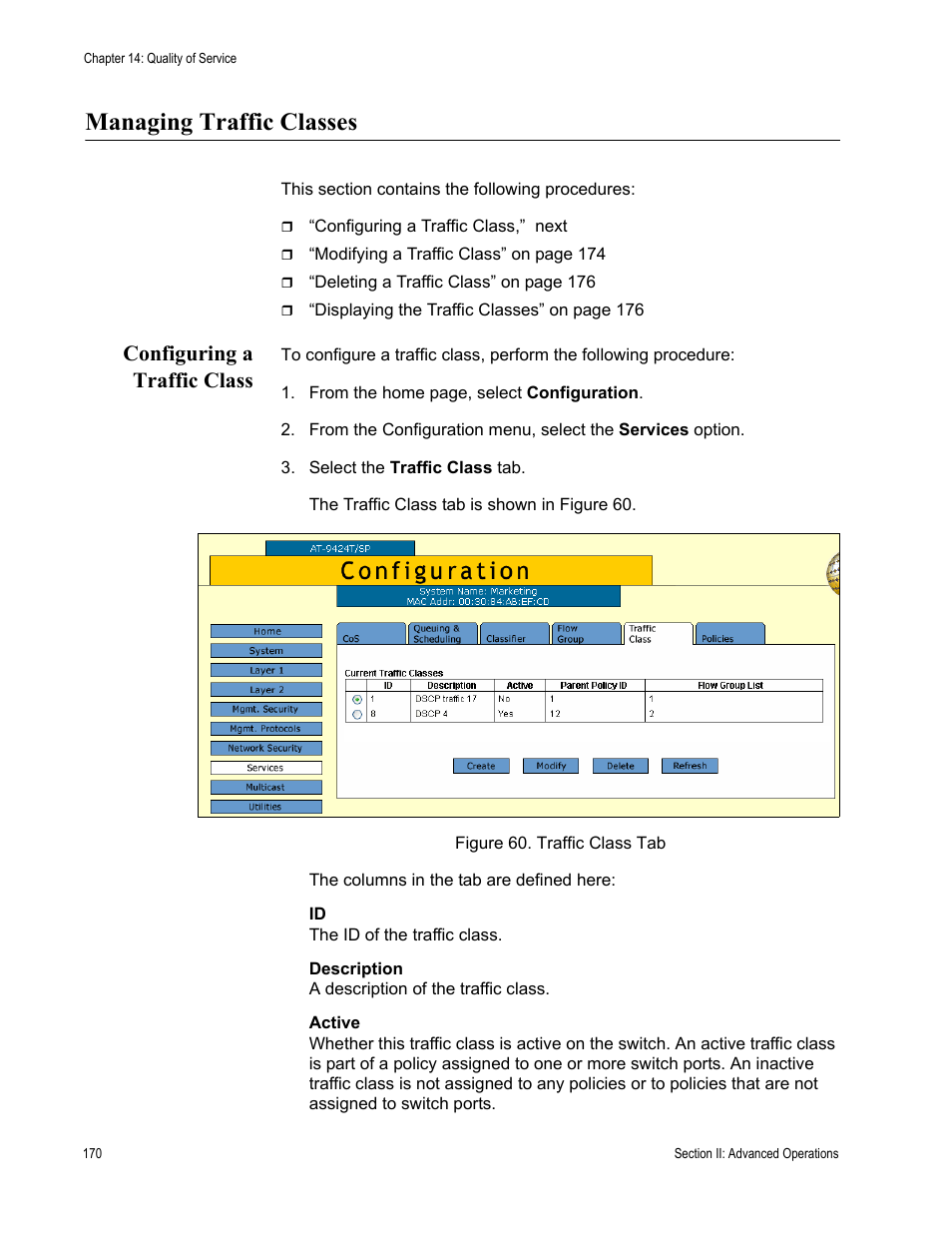 Managing traffic classes, Configuring a traffic class, Figure 60: traffic class tab | Allied Telesis AT-S63 User Manual | Page 170 / 410