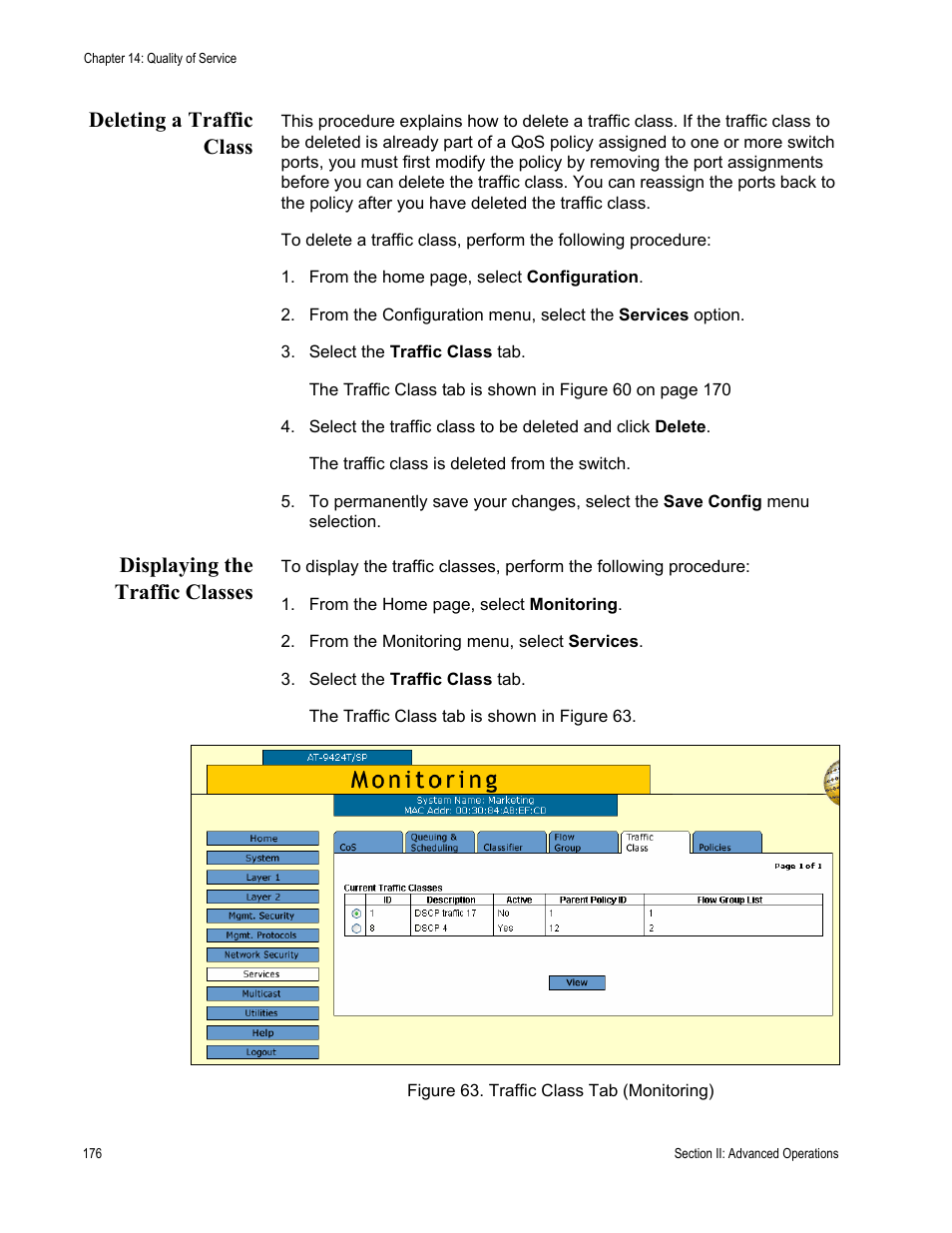 Deleting a traffic class, Displaying the traffic classes, Figure 63: traffic class tab (monitoring) | Allied Telesis AT-S63 User Manual | Page 176 / 410