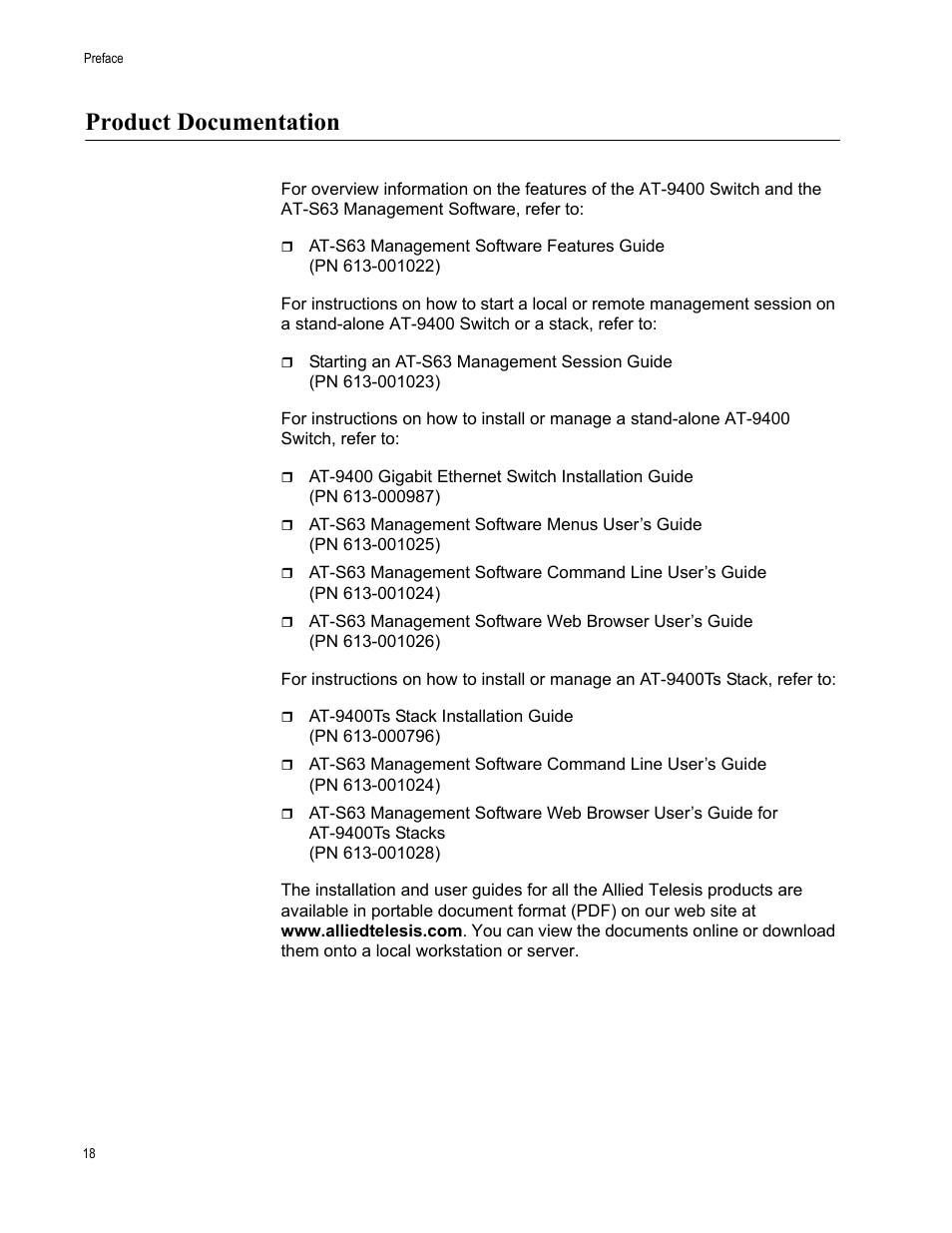 Product documentation | Allied Telesis AT-S63 User Manual | Page 18 / 410