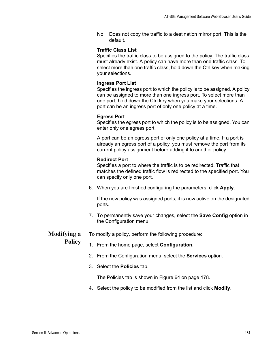 Modifying a policy | Allied Telesis AT-S63 User Manual | Page 181 / 410