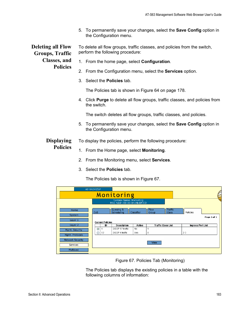 Displaying policies, Figure 67: policies tab (monitoring) | Allied Telesis AT-S63 User Manual | Page 183 / 410