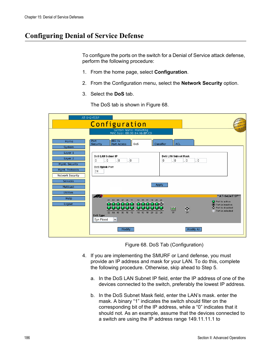 Configuring denial of service defense, Figure 68: dos tab (configuration) | Allied Telesis AT-S63 User Manual | Page 186 / 410