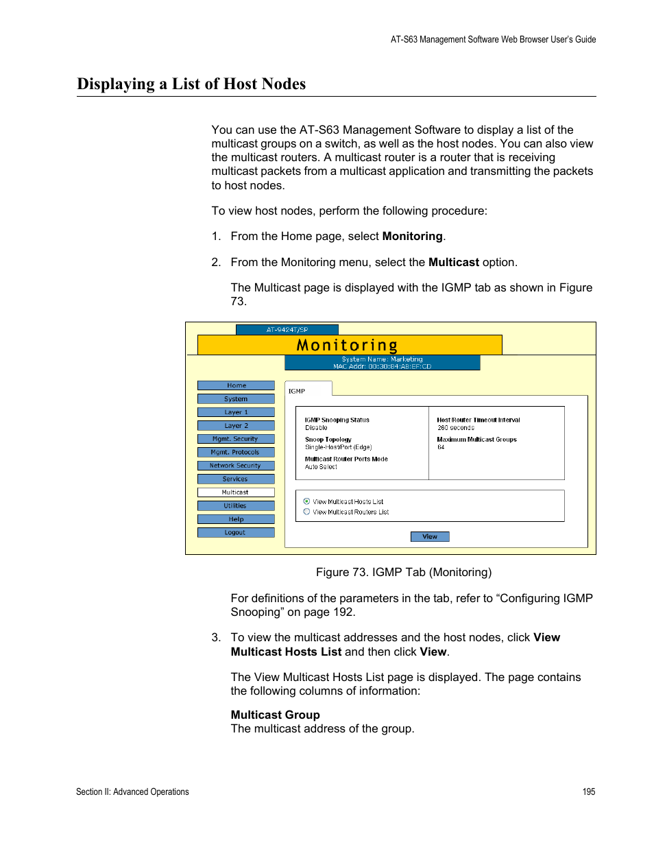 Displaying a list of host nodes, Figure 73: igmp tab (monitoring) | Allied Telesis AT-S63 User Manual | Page 195 / 410