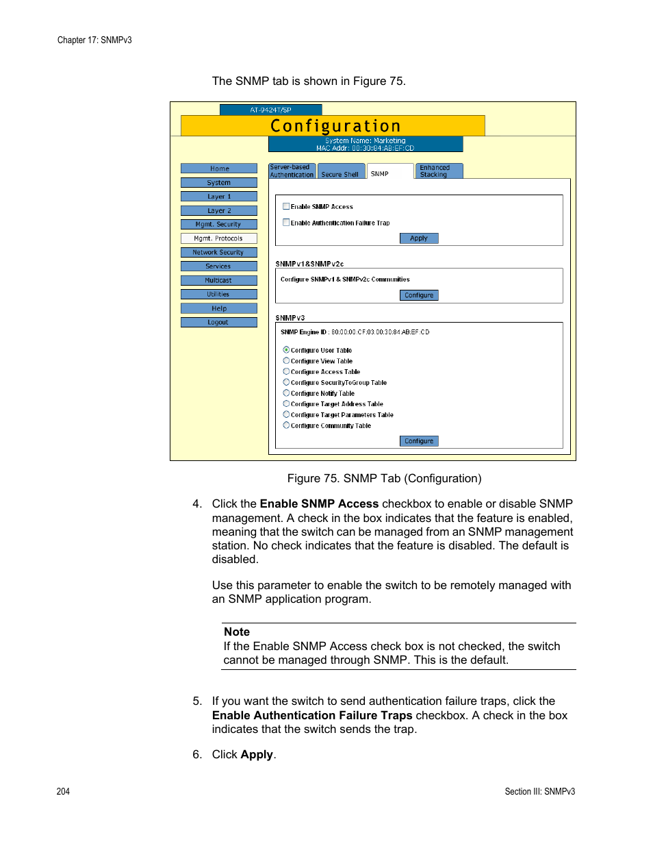 Figure 75: snmp tab (configuration) | Allied Telesis AT-S63 User Manual | Page 204 / 410