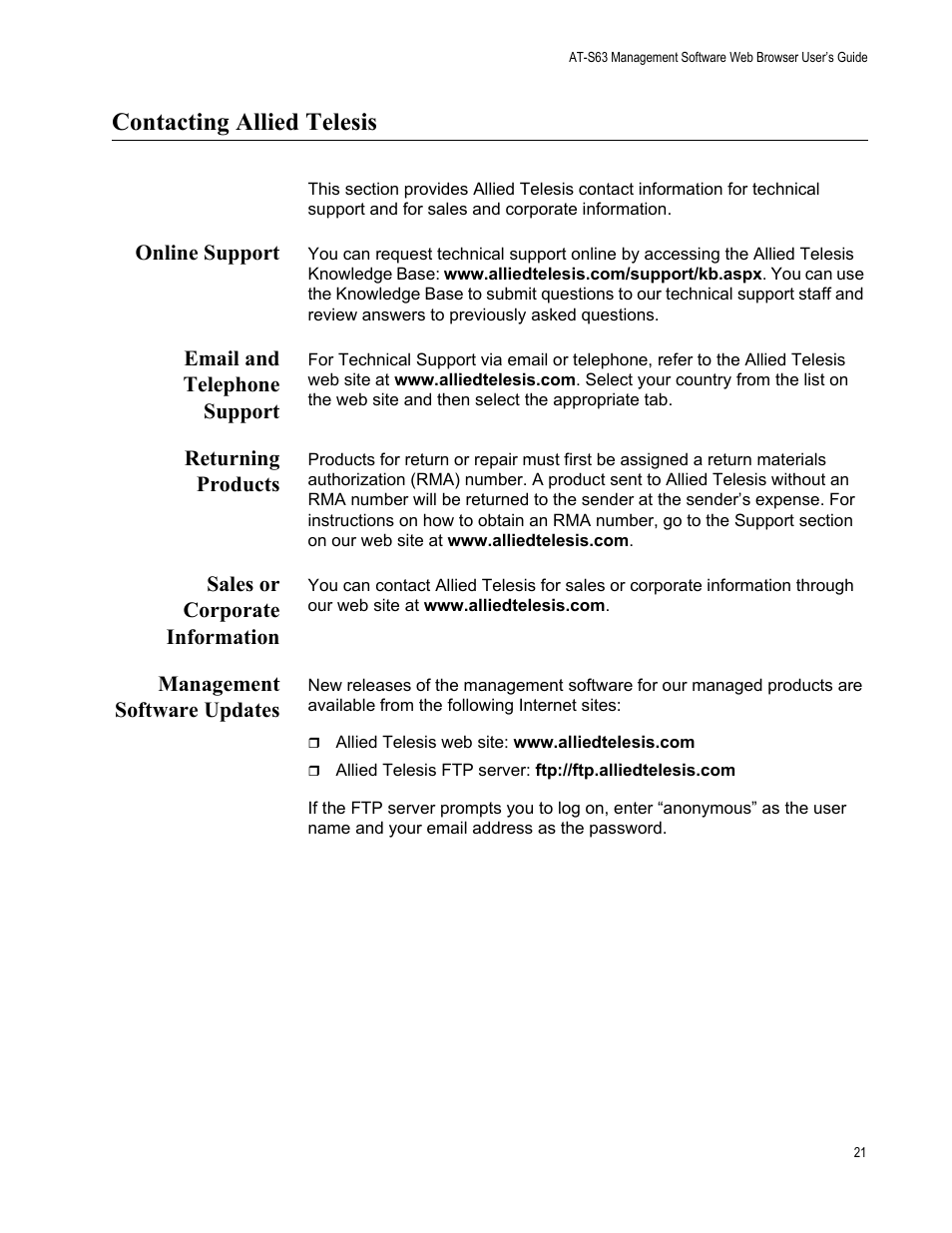 Contacting allied telesis, Online support, Email and telephone support | Returning products, Sales or corporate information, Management software updates | Allied Telesis AT-S63 User Manual | Page 21 / 410