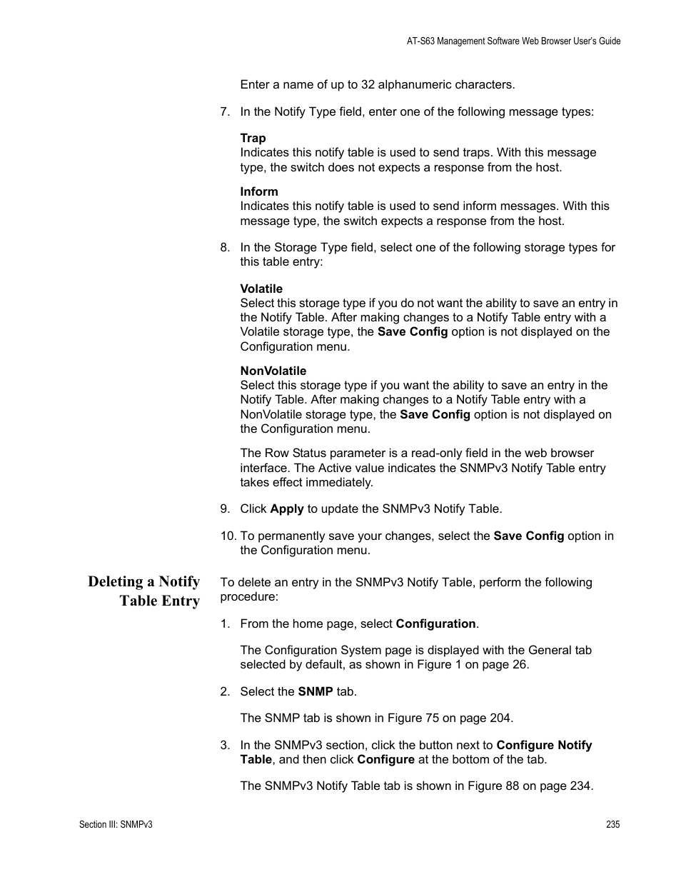 Deleting a notify table entry | Allied Telesis AT-S63 User Manual | Page 235 / 410